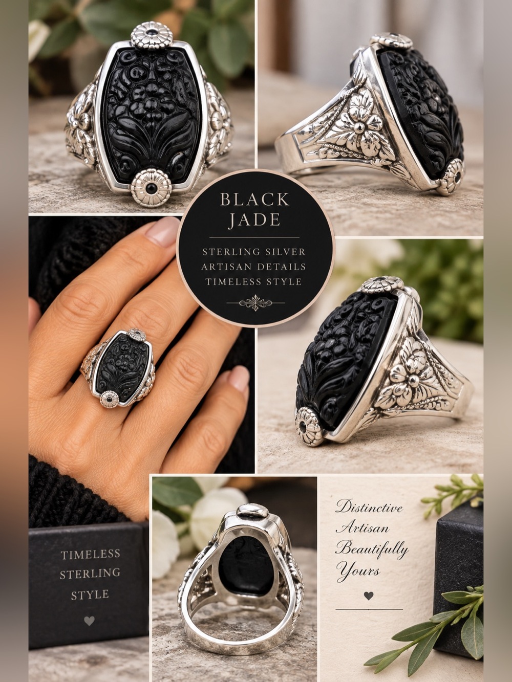 JOY Jade of Yesteryear Engraved Charcoal Jade & CZ Rhodium Plated Sterling Ring